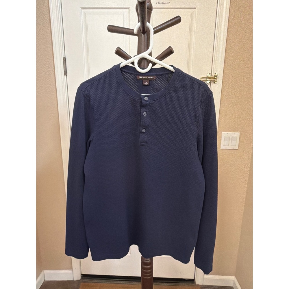 Michael Kors Mens Navy Blue Waffle Knit Long Sleeve Henley Shirt Size M
